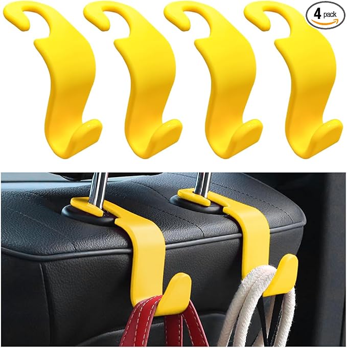 povtii 4PCS Car Seat Headrest Hook, Auto Back Seat Hanging Storage Organizer, Vehicle Seatback Hanger Holder for Purse Handbag Coat Umbrella, Universal Interior Car Accessories (Yellow)