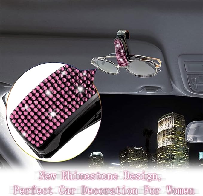 Set of 2 Bling Rhinestone Car Sun Visor Glasses Holders with Anti-Scratch Sponge,Car Decoration for Women Girls,Ticket Card Clip Visor Organizer,Universal Rhinestone Auto Accessories (Pink)