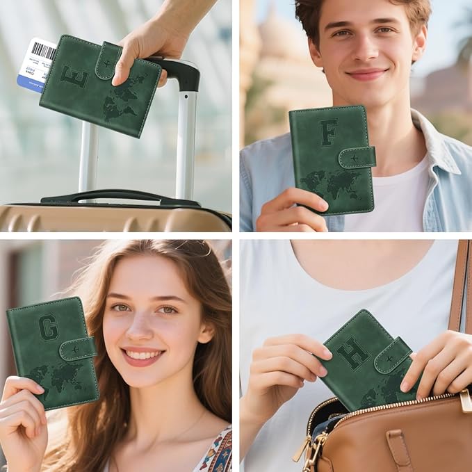 Personalized E Passport Holder Cover Initial Letter Travel Wallet RFID Blocking Passport Cover Credit Card Holder Case Passport Book Holders for Women and Men, Pine Green-E