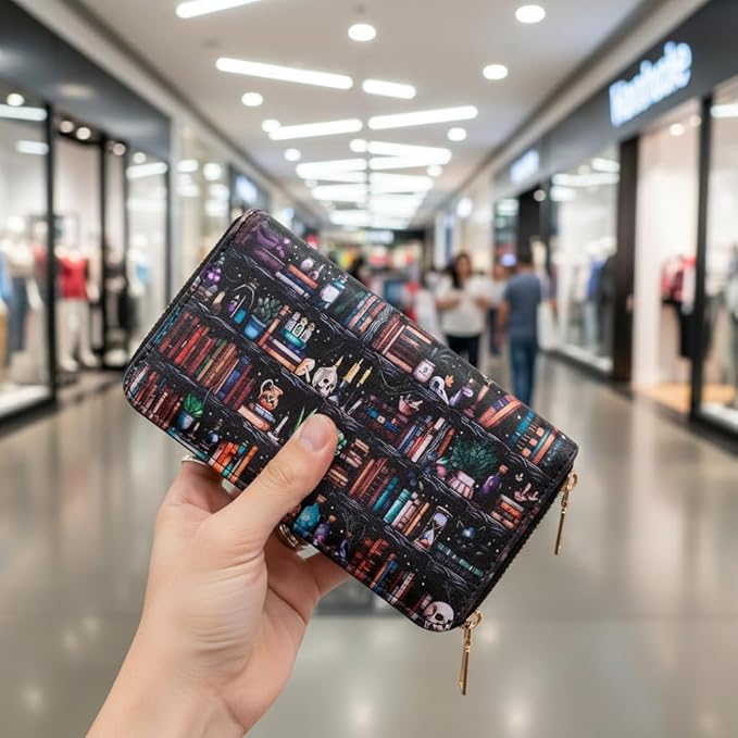 Womens Wallet, Goth Skull Bookshelf Credit Card Wallets, Female Book Purse Long PU Leather Card Holder Organizer, Cash Clutch Ladies Girls Gift