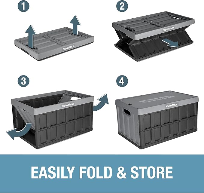 CleverMade Collapsible Storage Bins with Lids (62L, 3 Pack) – Heavy Duty Foldable Plastic Storage Crates for Garage, Closet & Trunk Organization - Obsidian