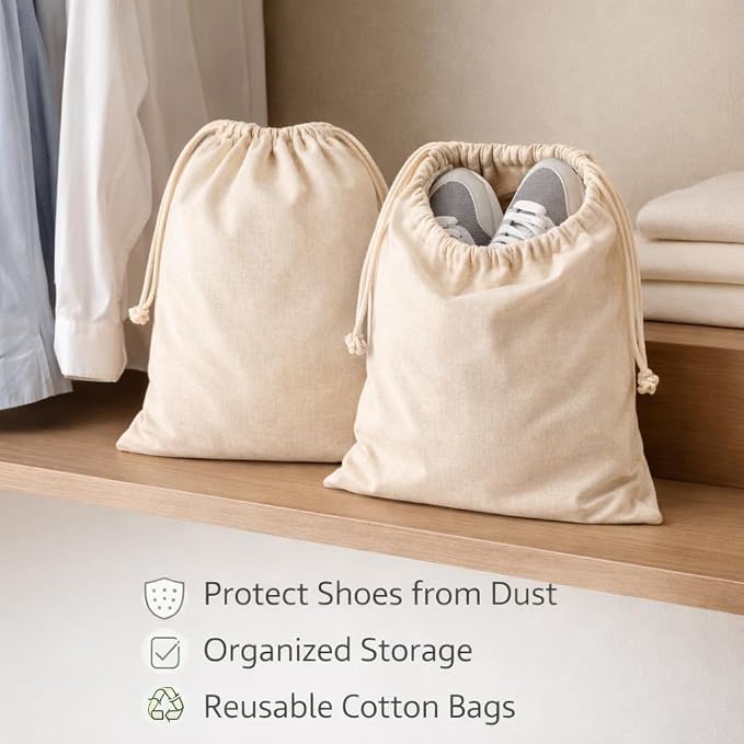 Cotton Shoe Bags with Drawstring | Dustproof, Washable Travel Shoe Pouch | Natural Canvas Organizer for Men & Women | Fits Sneakers, Sandals, Slippers | 14” x 17” (Pack of 3)