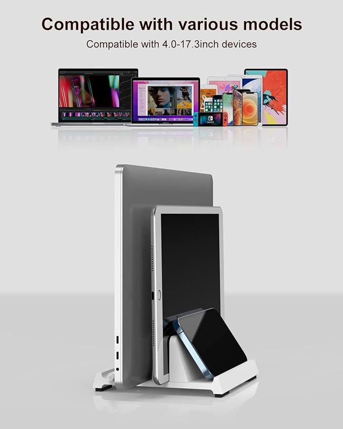 Vertical Laptop Stand for Desk, Dual Slots Plastic Laptop Holder with Space Saving 4-in-1 Design, Adjustable Laptop Stand Supports MacBook, Chromebook, Surface, Dell (White)