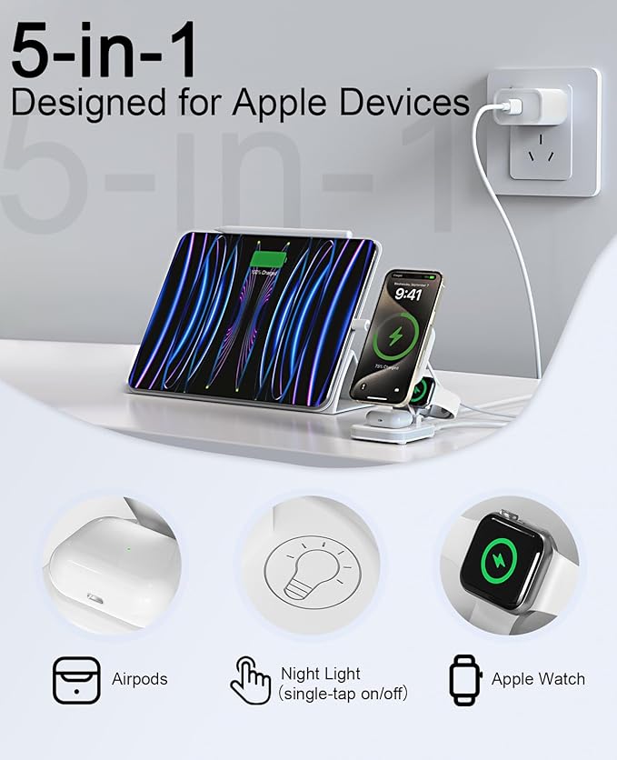 5-in-1 Magnetic Wireless Charging Stand for Apple MagSafe Charger with Night Light for iPhone 17/16/15/14/13/12, Watch, AirPods, Travel Magnetic Charger Nightstand Charging Station (Adapter Included)