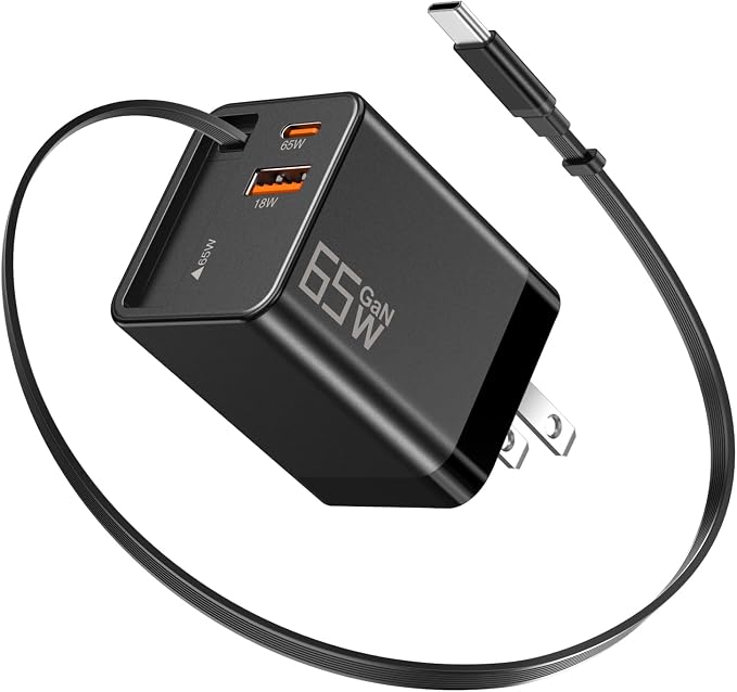 65W GaN USB C Charger with Retractable Charging Cable, 3-Port Power Adapter | Fast travel charger for MacBook, iPhone 17 16 15, Samsung Galaxy S24, iPad, multi port compact wall charging block, black