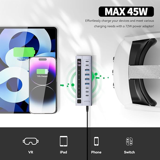Minisopuru 9 in 1 Powered USB C Hub – Support Max 45W Charging with 72W Power Adapter, 10Gbps Data Transfer, USB-C Powered Hub for Laptop, MacBook,iPad (Not for Monitor)