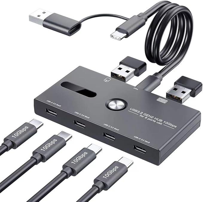 10Gbps USB C Hub, 6 Ports USB C Splitter, Type-C and USB 3.2 to USB C Hub for PC, Laptop, MacBook Pro/Air, iMac, Surface Pro, Chromebook, Etc(HUB ONLY, Not Support Charging/Monitor)