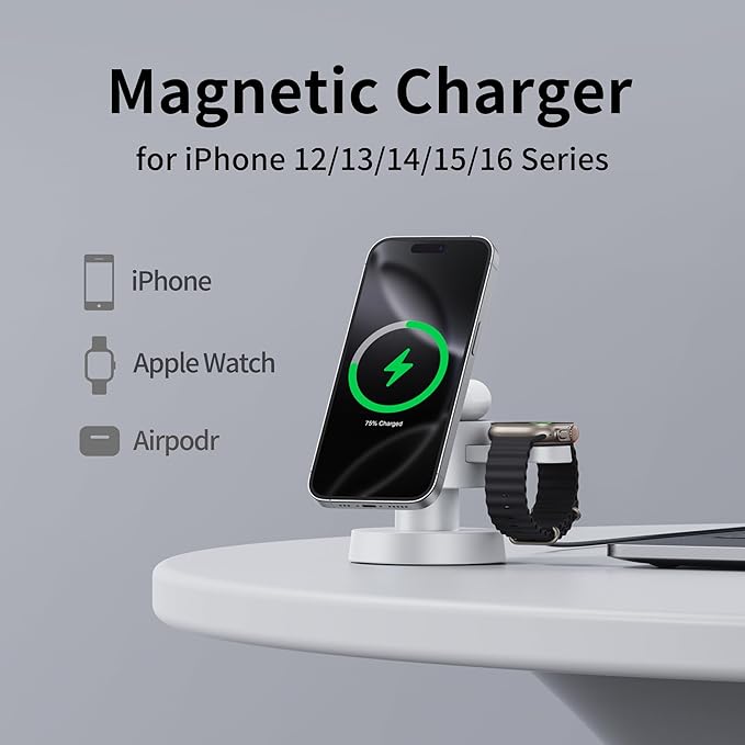 4 in 1 Magnetic Wireless Charging Station,15W Fast Charging with Night Light for MagSafe Charger Stand,3 in 1 Wireless Charger for iPhone 17/16/15/14/13 Pro Max,Apple Watch & AirPods,White