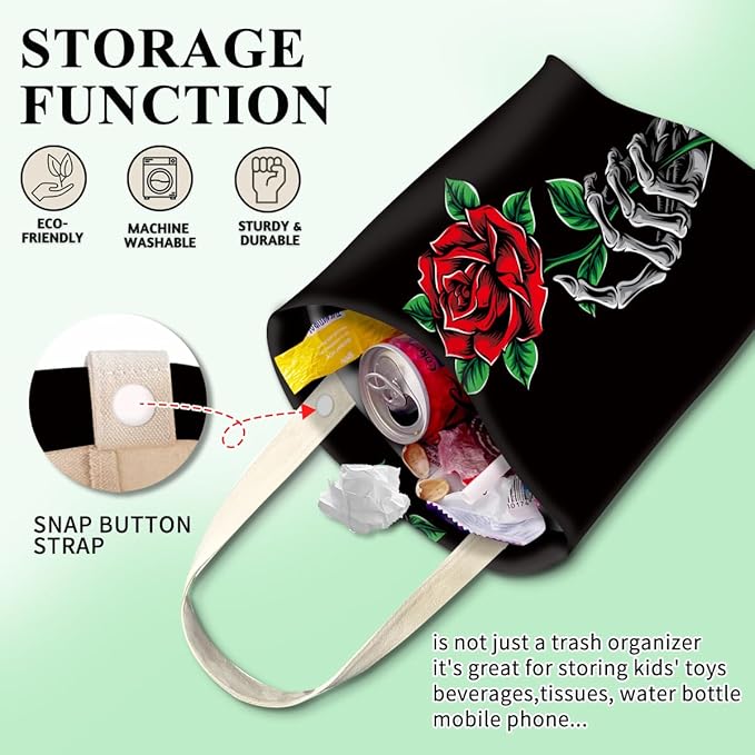 Car Trash Can, Cute Car Trash Bag, Hanging Car Organizer and Storage Bag, Trash Bin for Car Accessories, Vehicle, Travelling, Camping Cool Skull hand and Rose