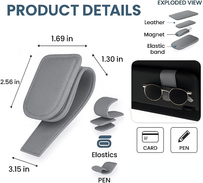 Sunglass Holder for Car Visor Clip Pack 2 - Magnetic Leather Sunglasses Holder- Eyeglass Organizer for Car - Visor Sunglasses Bracket Clip (Gray)