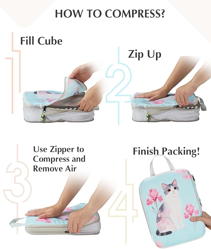 Gonex Compression Packing Cubes, 6pcs Expandable Storage Travel Luggage Bags Organizers with Shoe Bag Laundry Bag, Travel Cubes for Suitcase Carry On (Animals)