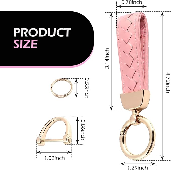 Car Keys Keychain, Leather Key Chain, Pink Leather Wristlet Keychain with 2 Key Ring andAnti-Lost D-Ring, Keyfob holder for Women Men (Pink)