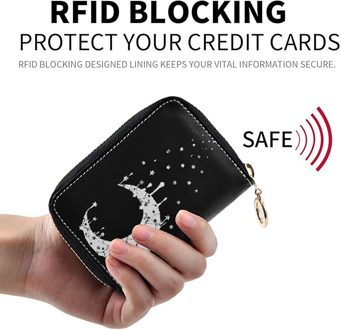 Moon RFID Credit Card Holder Wallets Accordion for Women Leather Zipper Card Case Accordion Wallet for Ladies Girls