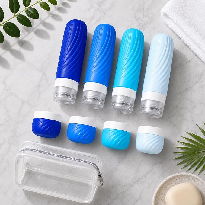 Travel Bottles for Toiletries 8 Pack: TSA Approved 3oz Leak Proof Containers - Silicone Squeezable Bottles for Shampoo Lotion - Travel Essentials for Women Men with Clear Bag