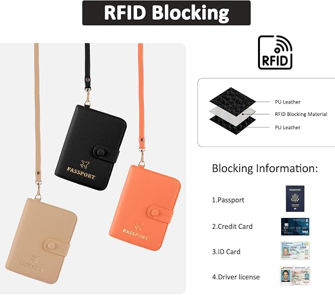 Passport Holder RFID Protected Wallet and Luggage Tag with Protection Cover Travel Accessories Leather Card Case Organizer for Women Men (Black)