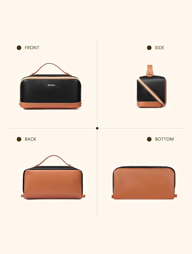 Telena Leather Make Up Bag Portable Travel Makeup Bag Waterproof Cosmetic Bags for Women Large Capacity With Handle and Divider Open Lay Flat