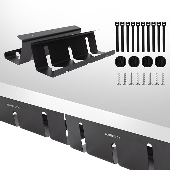 Under Desk Cable Management Tray, Large Metal Cable Organizer for Easy Access, Home Office Screw Mount Desk Cord Organizer and Accessories Storage Rack Shelf, Computer Power Strip Holder, Black 2 Set