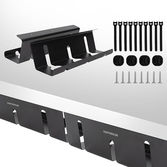 Under Desk Cable Management Tray, Large Metal Cable Organizer for Easy Access, Home Office Screw Mount Desk Cord Organizer and Accessories Storage Rack Shelf, Computer Power Strip Holder, Black 2 Set