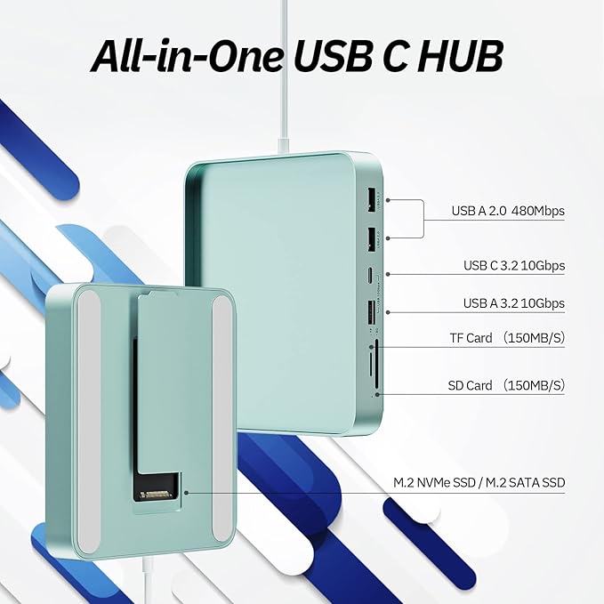 Minisopuru iMac USB C Hub - Supports M.2 NVMe SSD, iMac Accessories for M1/M3/M4, USB A/C 10Gbps, SD/TF, M.2 SSD (Not Included), Green