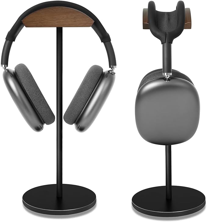 Headphone Stand for Desk - Headset Holder with Aluminum Alloy Support Rod, Gaming Headset Stand with Wooden Support Plate