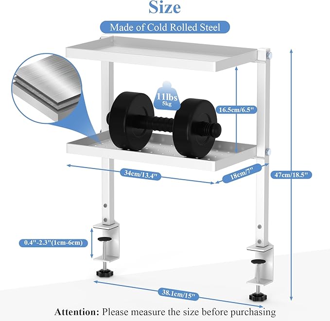 Jumyee Metal Clamp On Desk Shelf with 2-Tier Storage, 270° Flip Magnetic Clamp On Pegboard Organizer with 6 Hooks, Desktop Organizer White Desk Shelf for Home Office Gaming Accessories(White)