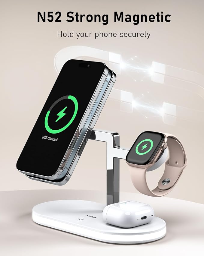 VBA 4 in 1 Wireless Charging Station for Apple MagSafe Charger,Fast Charging Magnetic Wireless Charger Stand with Night Light for iPhone 17 Air 16 15 14 13 12 Series,Apple Watch,AirPods Pro (White)