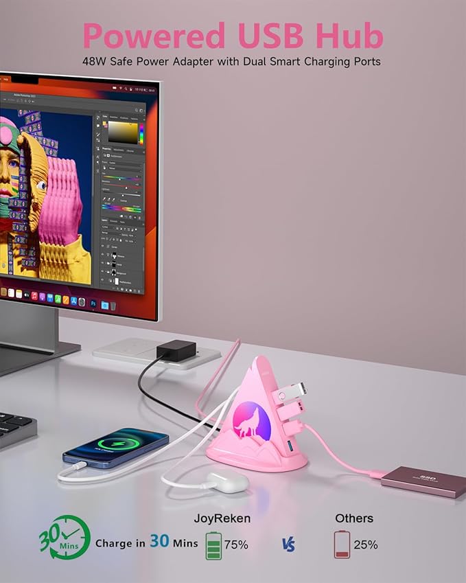 Powered USB Hub 3.0, 6-Port Hub(4 USB 3.0 Data Ports + 2 Smart Charging Ports) with 48W Adapter, RGB Light, Base, Compatible with PC, Laptop, Mac, External Hard Drives, Fast Charging for Phone(Pink)