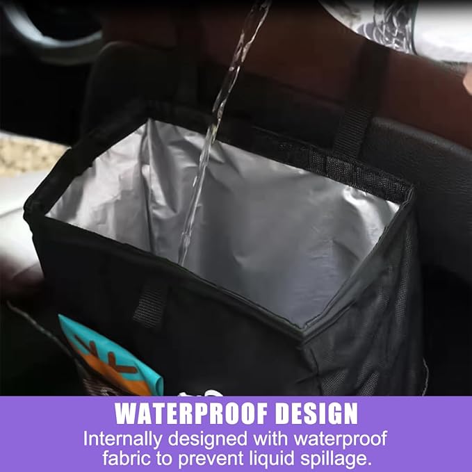 8sanlione Car Trash Can with Storage Pockets, Foldable Hanging Large Capacity Garbage Bin, Leak-Proof Waterproof Trash Bin, Multipurpose Organizer Car Accessories for Truck SUV (Black)