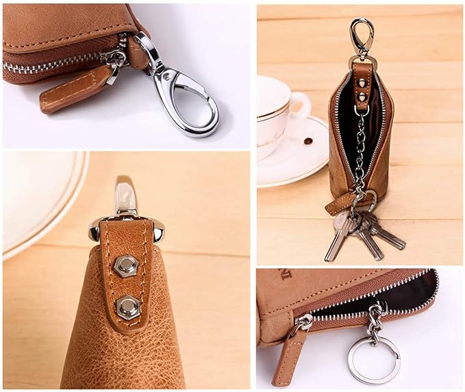 Multi Soft Genuine Leather Coin Purse Pouch, Car Key Case Wallet with Zipper,Pocket Wallet with Chain/Ring for Men Women …