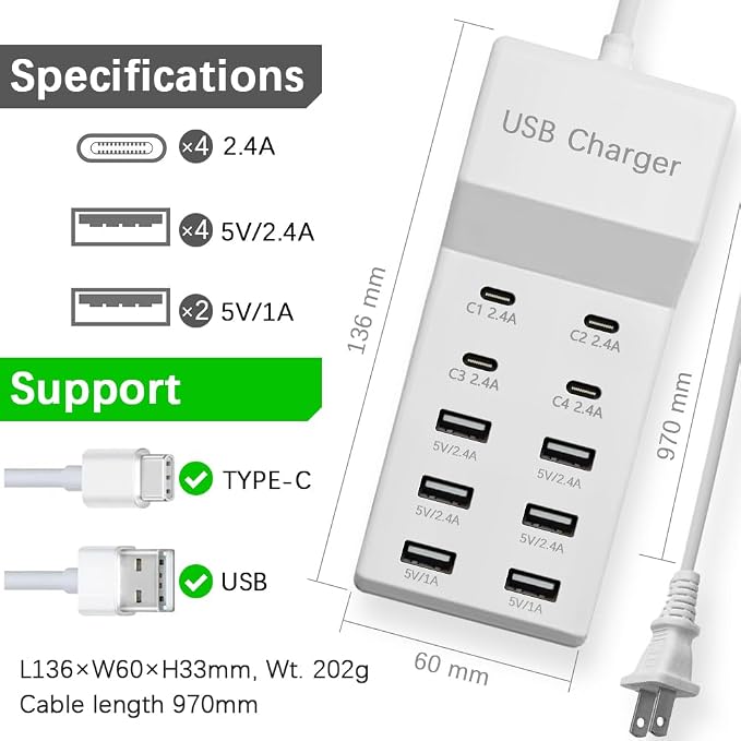 USB Charging Station, 4 USB-C and 6 USB-A Ports USB Charging Block, USB Power Strip for Multiple Devices