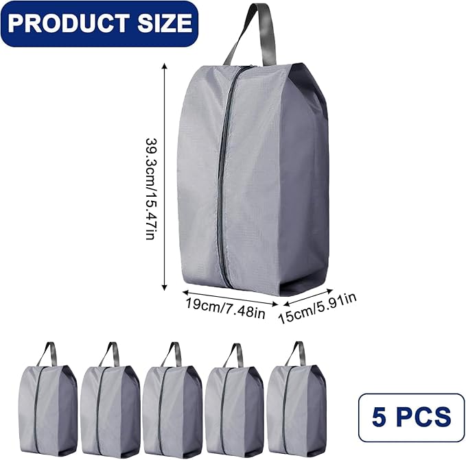 5Pcs Large Travel Shoe Bags Portable Travel Gifts Shoe Organizer with Zipper Closure, Waterproof Nylon Shoe Storage Organizer with Handle Travel Bags For Men and Women, Grey