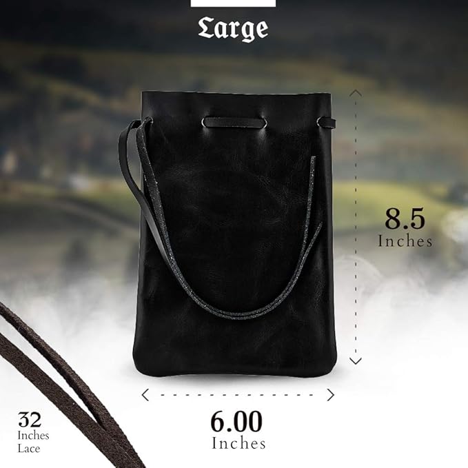 Nabob Leather Leather Drawstring Pouch, Coin Bag, Medicine Tobacco Pouch Medieval Reenactment Made in U.S.A Size 8.5" x 6"