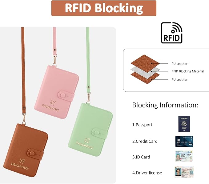 Boutilon Leather Passport Holder Covers Case with Neck Lanyard and Luggage Tag Waterproof RFID Blocking Travel Wallet Solid Color Passport Organization for Women and Men (Caramel Brown)