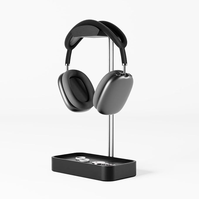 Raico Headphone Stand with Catchall Tray Base Premium Showpiece Headset Holder with Storage Solid Wood (Black Wood)
