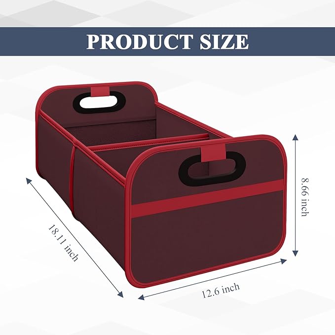 Car Trunk Organizer, Foldable Car Trunk Storage Box with 2 Compartments & Mesh Pocket, Large Capacity, Portable with Handle, Collapsible Backseat Storage Organizer for SUV Truck Sedan (Red)