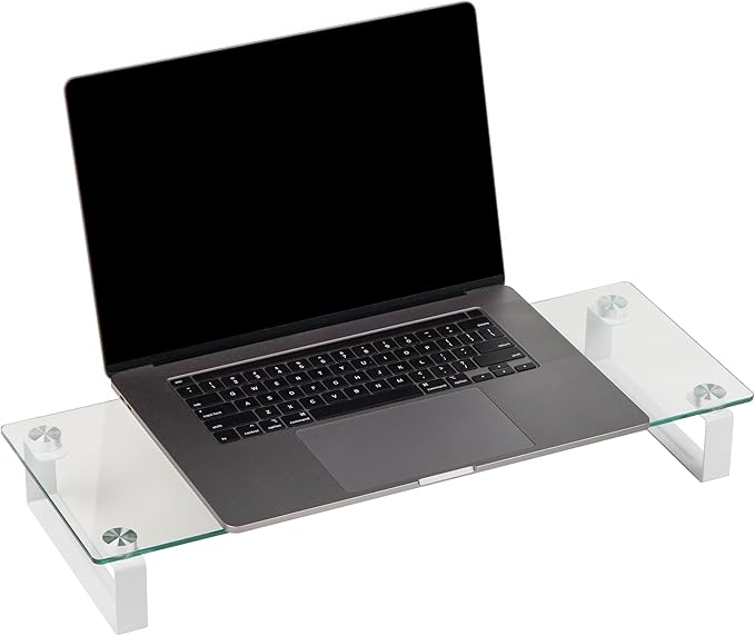 Mind Reader Monitor Stand, Contemporary, Desktop Organizer, Laptop Riser, Office, Glass, 22"L x 8.25"W x 3"H, Clear