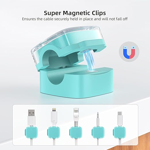 Magnetic Cord Organizer, 6 Pack Magnetic Cable Clips Under Desk Cable Management, Strong Adhesive Wire Holder Keeper for Office Home Kitchen Appliances Bedroom Car Wall Nightstand, Clear Cyan
