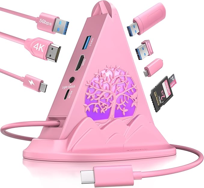 Pink USB C Hub, 8-in-1 USB C Multiport Adapter with 4K@30Hz HDMI, 100W Power Charging, 5Gbps Type C, 3 USB-A 3.0, SD/TF Slots& RGB Lighting, Pink Type C Hub for MacBook, iPhone17, iPad, XPS(Tree)