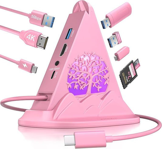 Pink USB C Hub, 8-in-1 USB C Multiport Adapter with 4K@30Hz HDMI, 100W Power Charging, 5Gbps Type C, 3 USB-A 3.0, SD/TF Slots& RGB Lighting, Pink Type C Hub for MacBook, iPhone17, iPad, XPS(Tree)