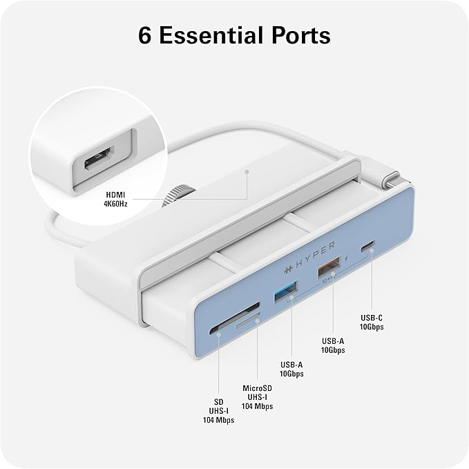HyperDrive 6in1 USB Hub Adapter: HDMI 4K60Hz, USB-C 10Gbps, 2 USB-A 10Gbps, SD UHS-I, MicroSD UHS-I for iMac 2021 24 inch