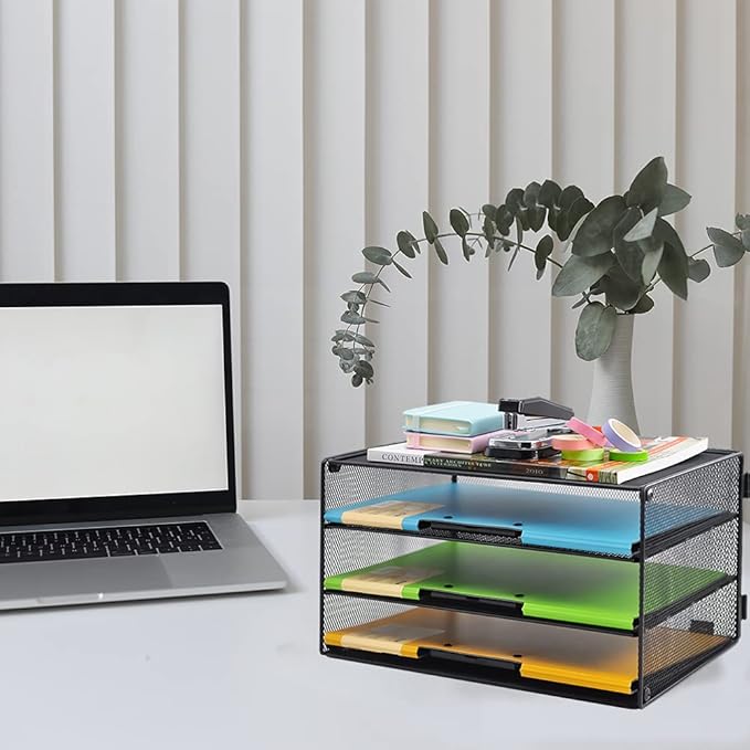 COSYAWN 3 Tier Mesh Desk Paper Tray Organizer, File Organization for Letter Document, Desktop Mail Storage Holder for Office Home School, Black
