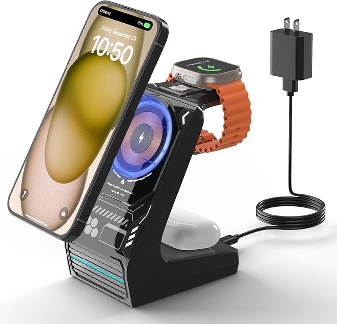 JoyGeek 3-in-1 Wireless Charging Station,Charger Stand for iPhone 15/14/13/12 Series, Fast Magnetic Charging Dock for Watch Ultra 2/9/8/7/6/SE/5/4/3/2,AirPods Pro 3/2