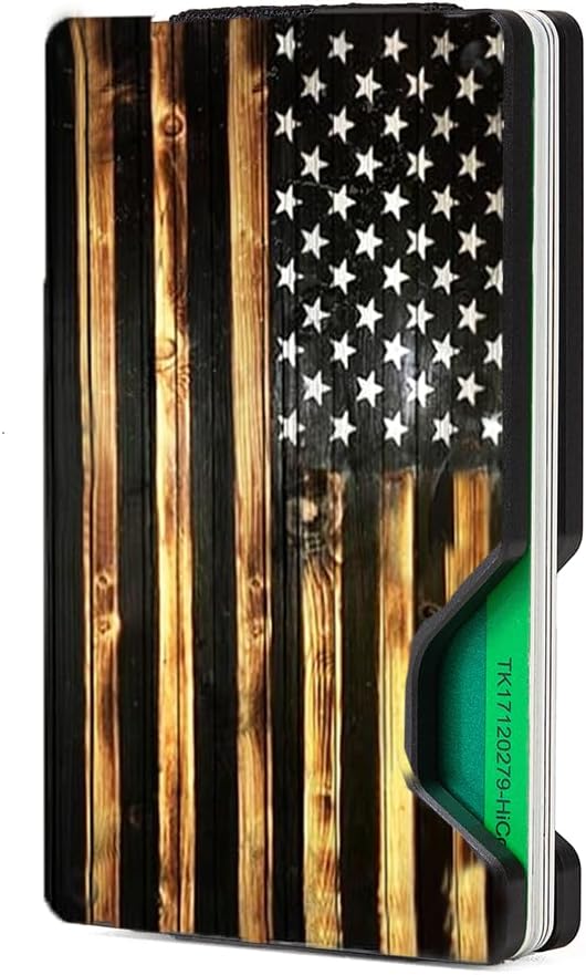 Slim Wallet for Men,RFID Blocking Minimalist Metal Wallet, Money Clip/Cash Holder, Front Pocket Aluminum Credit Card Holder, Ideal Gift for Men,Wood American USA Flag