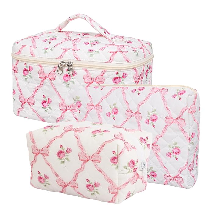 FITINI Makeup Bag Travel Large Quilted Toiletry Bag 3 Pack Portable Cosmetic Organizer Pouch with Small Brush Storage Case Zipper Waterproof for Women,Pink