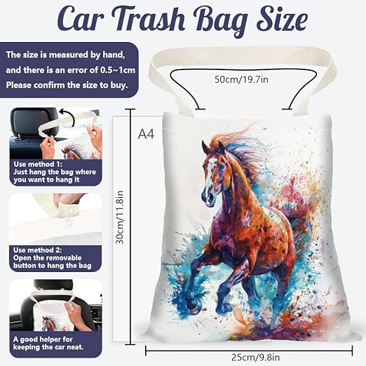 Horse Car Trash Bag Waterproof Hanging Garbage Bag with Snap Buttons Car Back Seat Trash Storage Portable Dustbin Vehicle Rubbish Bags for Kitchen Home Travel Camping