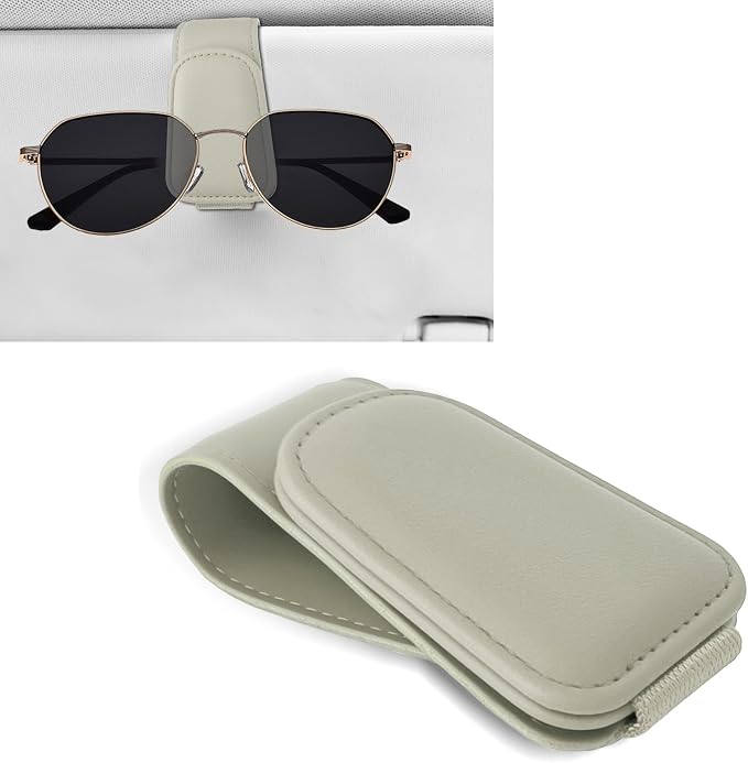 Sunglass Holder for Car, Car Sunglass Holder, Magnetic Leather Sunglasses Holder and Ticket Card Clip, Auto Multi-Functional Sun Visor Eyeglass Holders for SUV Pickup Truck (Light Beige)