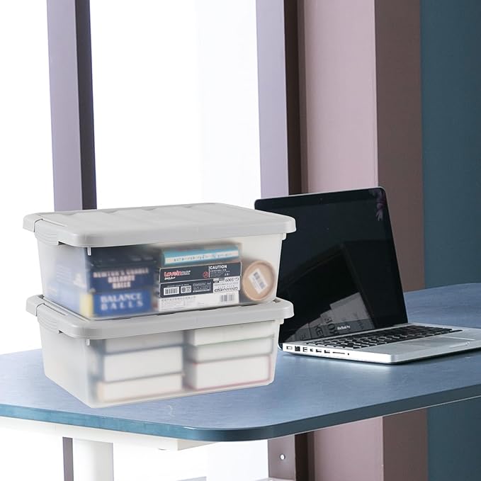 Wekioger Plastic Home Storage Bin with Grey Lid, 14 Quart Frosted Clear Latching Bin, 2 Packs