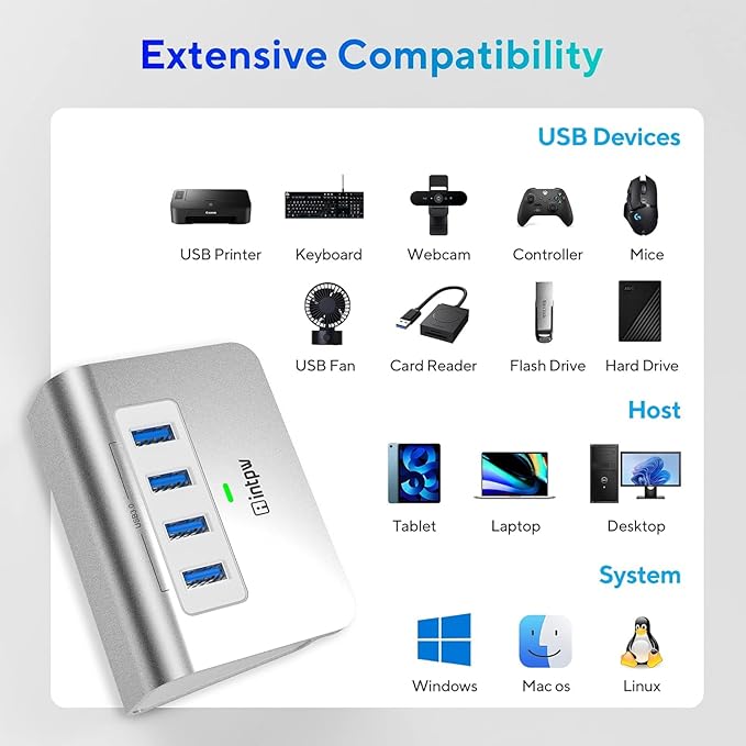 USB 3.0 Hub, Aluminum 4 Port USB Data Hub 3.0 Port Extender Multiport Adapter with 3.3ft Cable ，USB Splitter for Laptop, PC/Xbox/Flash Drive/Printer/Camera/Keyborad/Mouse