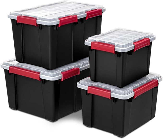Sterilite 16 Pack Gasket Box, Stackable Plastic 13.5 Gallon Storage Container with Lids, Black - Waterproof and Dustproof Tote for Home Organization