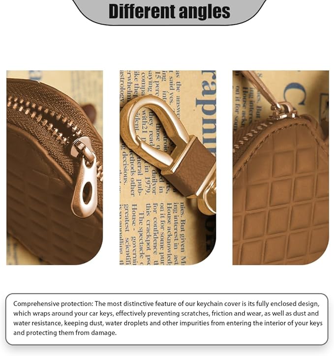 Key Fob Cover with Keychain, Key Fob Holder, Anti-Scratch Bag with Zipper, Leather Keychain Case Holder Fit Remote Key (Brown)